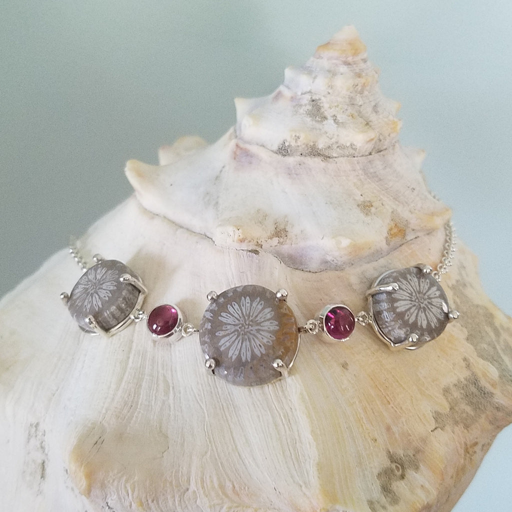 Fossilized Coral and Pink Tourmaline Necklace
