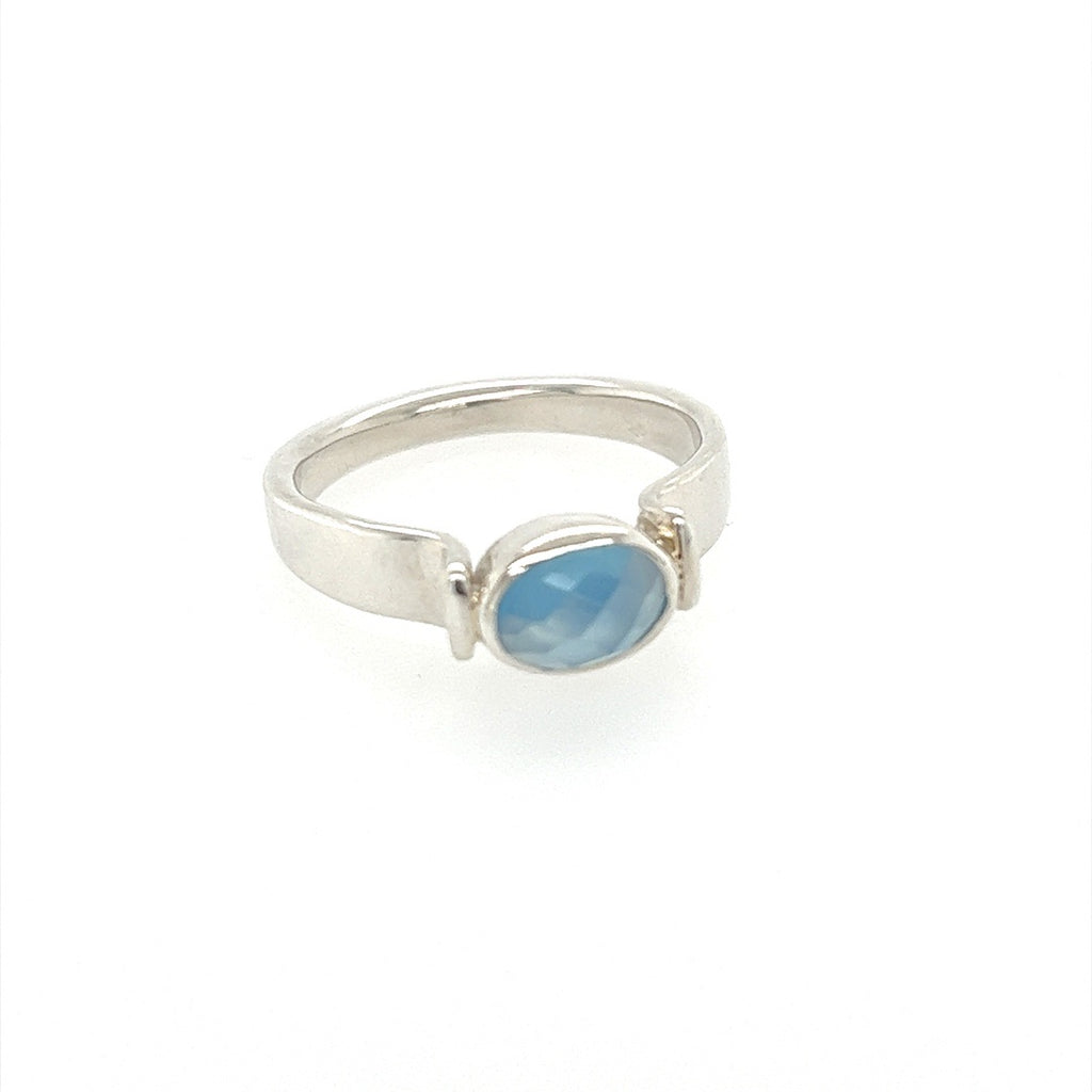 East-West Faceted Blue Chalcedony Ring