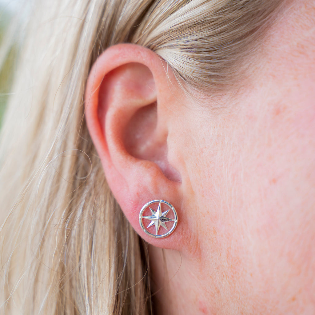 Silver Compass Rose Stud Earrings