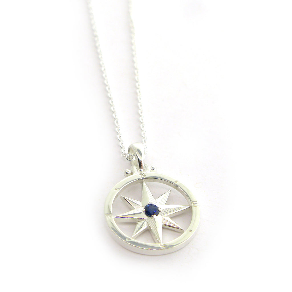 Silver Compass Rose with Sapphire Necklace